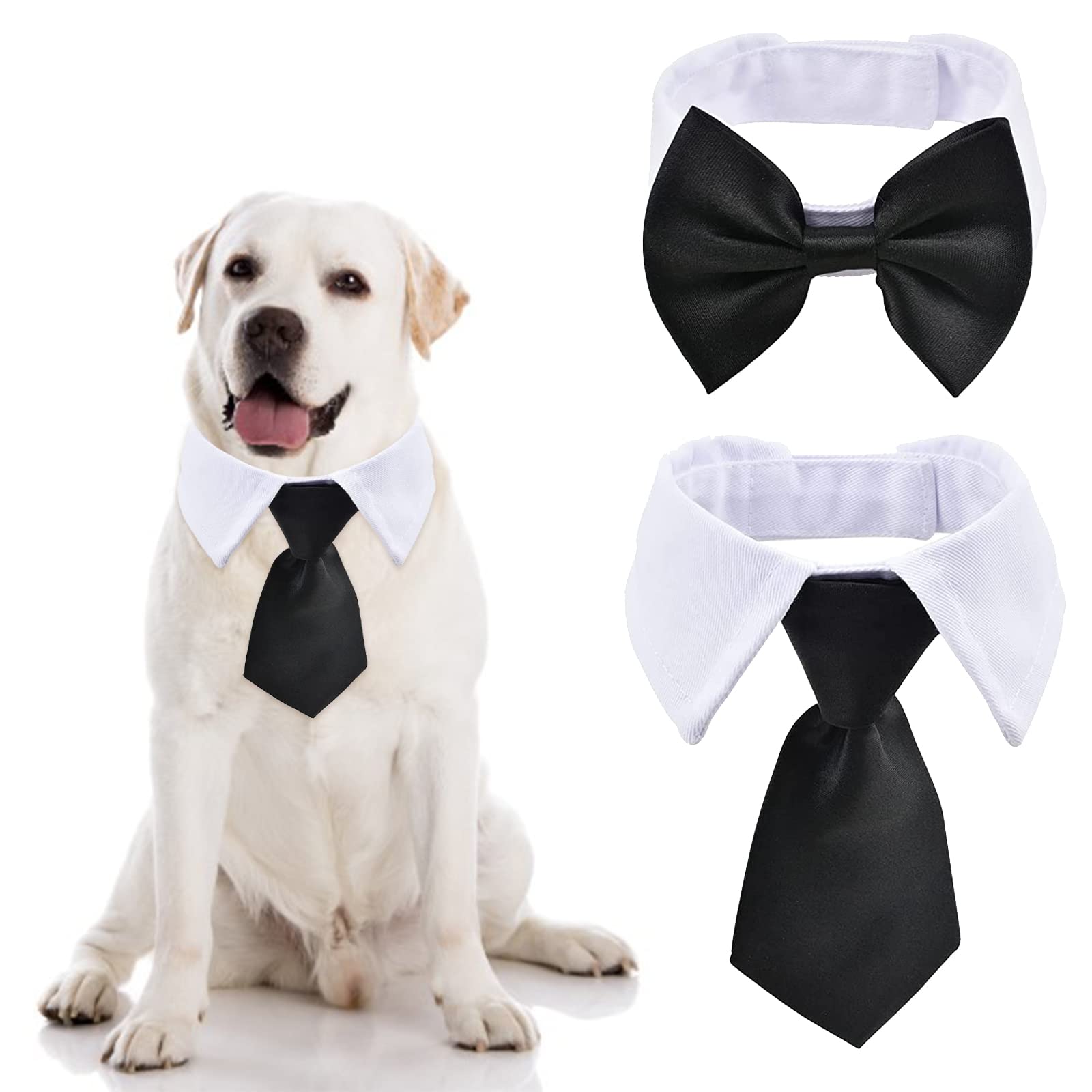 URROMA White and Black Pet Bow Tie, 3 Pcs Adjustable Dog Neck Tie Formal Dog Tuxedo Costume Neck Collar for Dogs and Cats, L