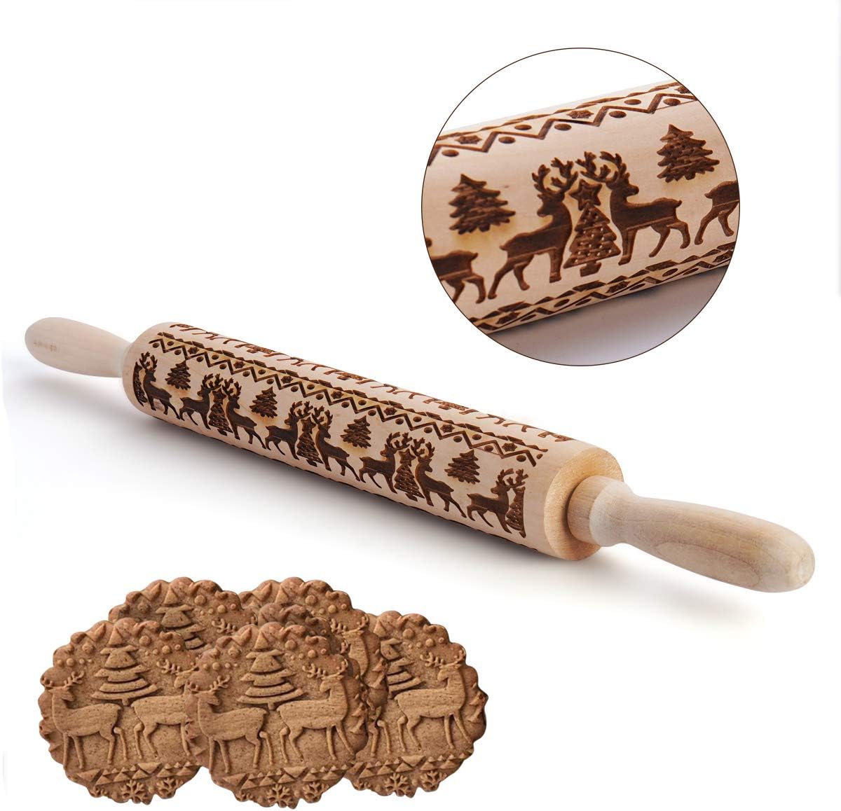 Christmas Wooden Rolling Pins Engraved Embossing Rolling Pin with Christmas Symbols for Baking Embossed Cookies (43 x 5 cm)
