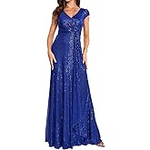 Royal Blue Short Sleeve Sequin Dress For Women Formal Gowns Sparkly V Neck Maxi Dress For Wedding Guest,S