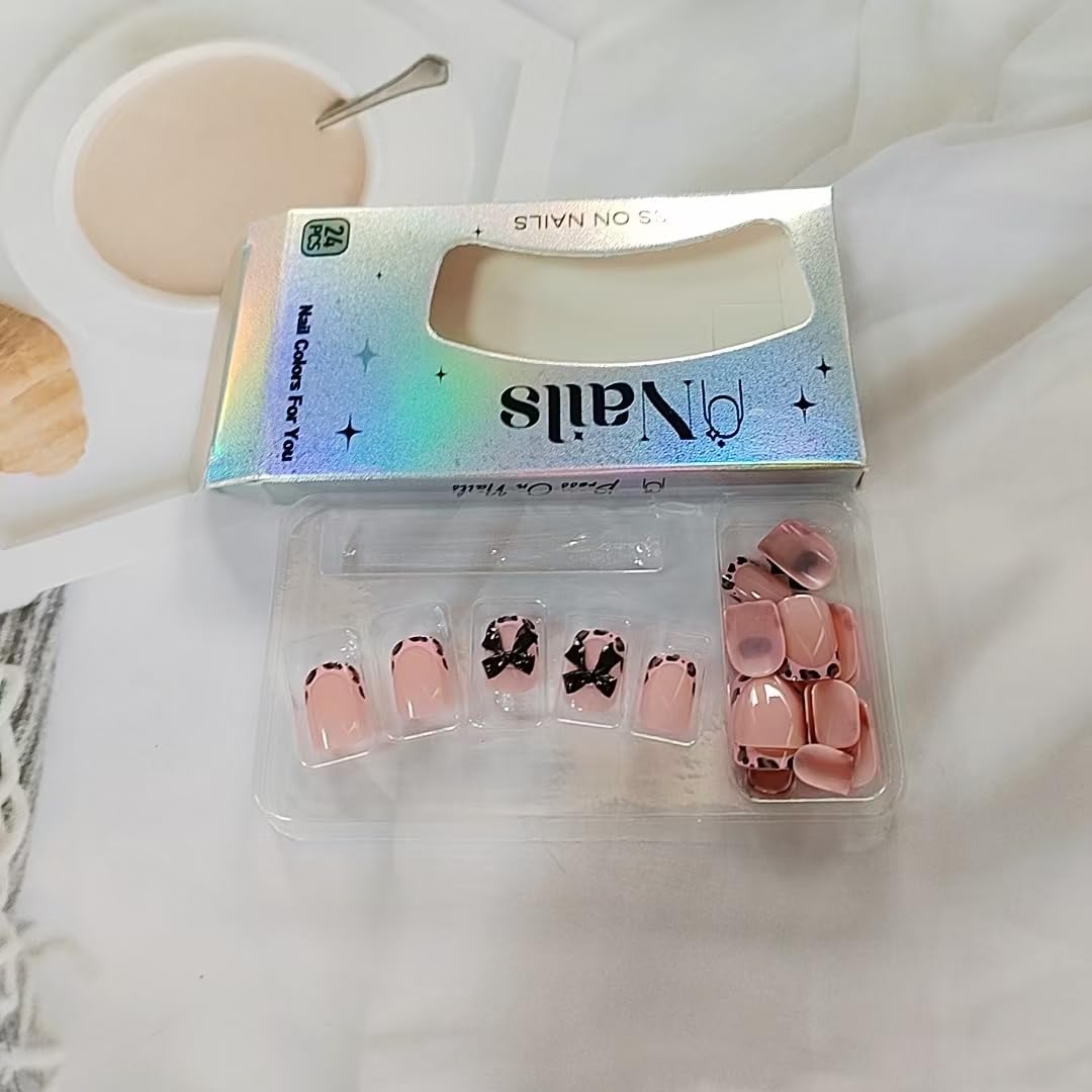 24 Pcs French Pink Press on Nails Short Square 3D Bow Texture Design - YIHONGYAN Spring Acrylic Nail Art Kit Fake Nails Press ons Nail Tips Full Cover Leopard Print False Nails for Women Manicure - Image 7