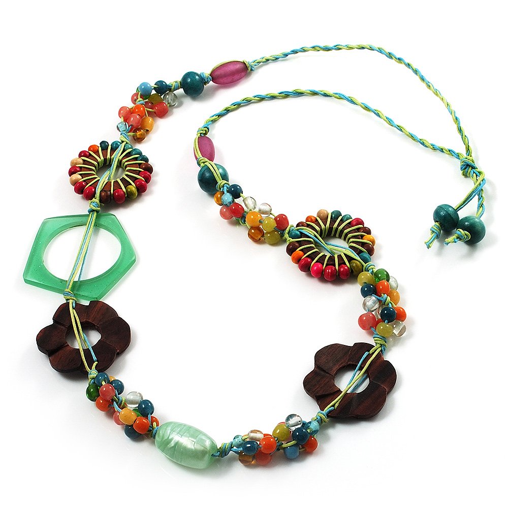 Avalaya Multicoloured Floral Bead Cotton Cord Long Necklace - 74cm L