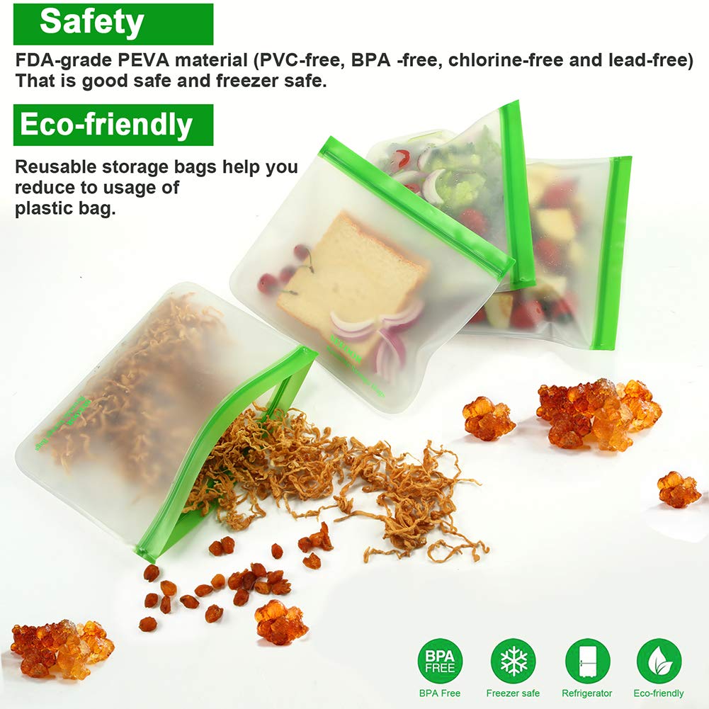 Reusable Storage Bags, SEEOOR Leakproof Freezer Bag, Ziplock Bags BPA Free for Food Snacks, Fruits, veggies, Lunch, Sandwiches, Make-up, Travel (4 Pack)