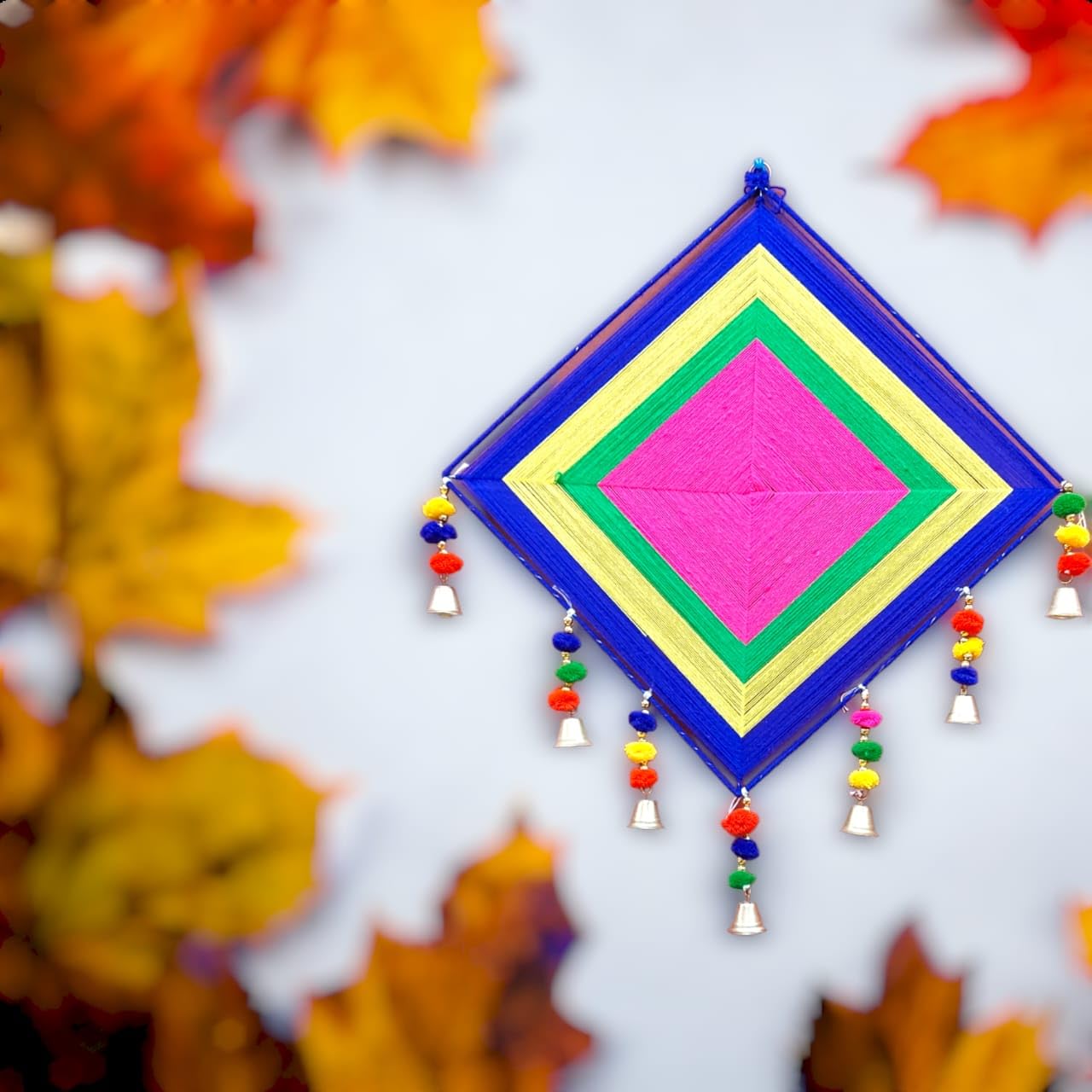 Exclusive 2 pack Assorted Multi Color Kite Shape Decor Hanging Woolen Indian Traditional Handmade Unique Door and Wall Hanging Kite Shape Cotton Home Decor (Medium)