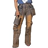 Vakkest Denim Cargo Jeans for Women High Waisted Loose Baggy Straight Wide Leg Stretch Pants Y2K Streetwear with Flap Pockets
