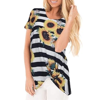 T- Shirt Für Damen, Dorical Frauen Sommer BeiläUfige Blumendruck Rundkragen Kurze Ärmel Knot Bluse,Kurzarmshirts,Lose Short S