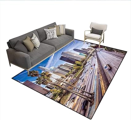 Amazon カーペット ダウンタウンシティスケープ ロサンゼルス カリフォルニア Usa アベニュー ビルディング パームプリント インドア アウトドア ラグ ブルー グレー グリーン 6 X7 W180cm X L210cm Zojihouse ラグ カーペット 通販