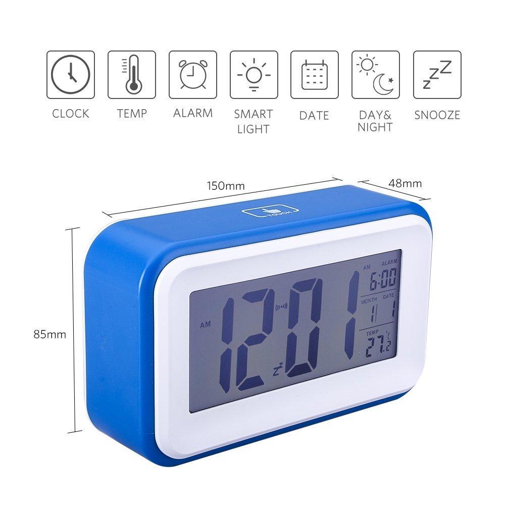 Reloj Despertador Digital VADIV CL01 Gran Pantalla Silencioso con Fecha Indicador de Temperatura Calendario y Luz de Noche Alarma con Sensor Táctil y de Luz Se Carga por USB o Batería AAA - Azul Oscuro