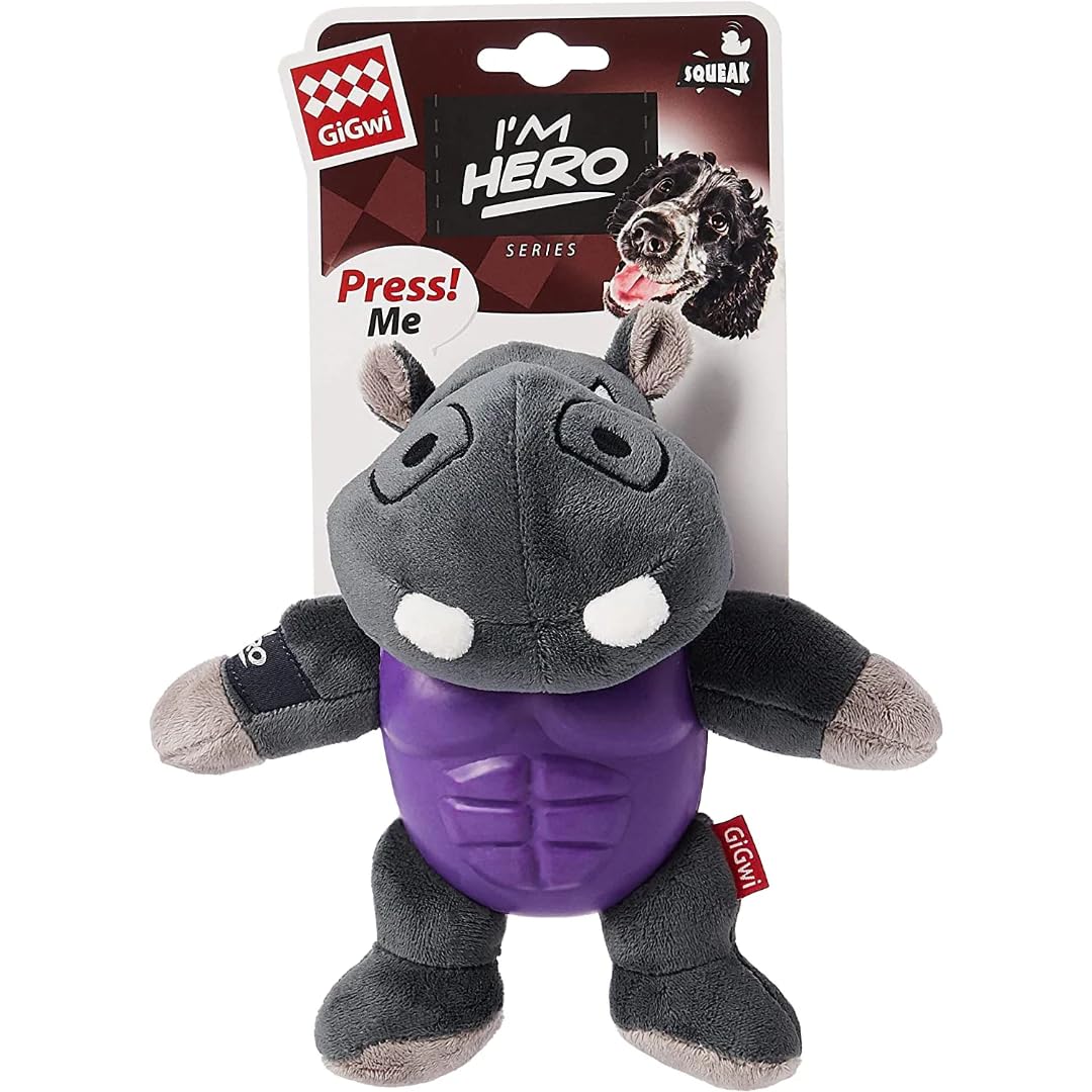 GiGwi I'm Hero TPR Armor Hippo Plush Dog Toy with Squeaker for Tough Chewers