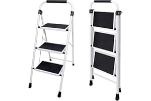 DUMOS Step Ladder, 3 Sturdy Step Stool with Anti-Slip Pedal & Comfortable Handrail, 330lbs Capacity, Portable Heavy Duty Step Stool for Kitchen, Garage & Outdoor Use, Black