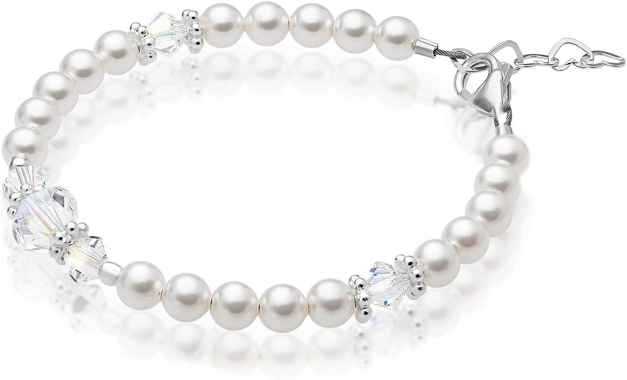 Baby CrystalsElegant Sterling Silver Charm Bracelets for Girls -Girls Jewelry with White Simulated Pearls and European Crystals โ Birthday gifts, Pearl Bracelet for girls