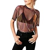 CERYIWER Womens See Through Shirts Short Sleeve Sexy Mesh Metallic Shiny Tops