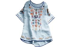 HUNENY Womens Summer V Neck Tops Cotton Linen Short Sleeve Bandage Lace Shirt Floral Print Pleated Comfy Tops for Women