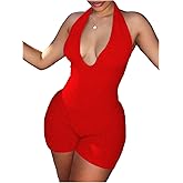 WDIRARA Women's Deep V Neck Sleeveless Halter Romper Lace Up Backless Skinny Knit Sexy Tank Jumpsuit Shorts