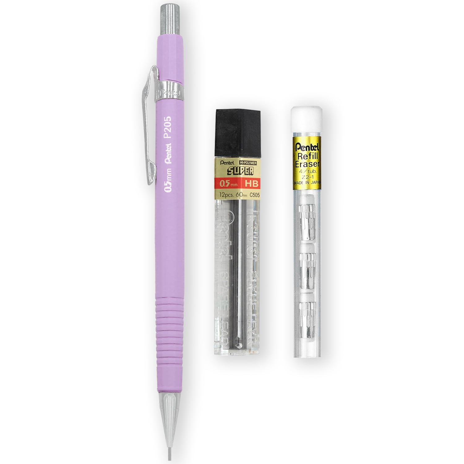 Pentel P205-97C Mechanical Automatic Pencil - Pastel Floral Range - Single + 12 Hi-Polymer HB 0.5mm Refill Leads + Z2-1N Eraser Refills Tube of 4 (Pastel Purple)