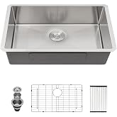 Couoko 30 Inch Undermount Stainless Steel Kitchen Sink | 16 Gauge Stainless Steel, Single Bowl, Round Corner, Handmade, Brushed Finish, Sloped Bottom and X-Shaped Channel Grooves