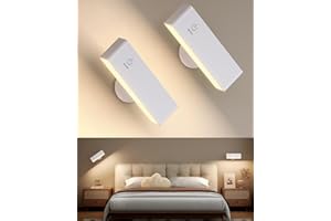 DetarZinLED 2 Pcs Rechargeable Wall Lights for Bedroom, Wireless Battery Operated Wall Sconces Set of 2, White 360° Rotate Magnetic Wall Mounted Lamp for Bedside, Headboard, Picture, Vanity