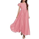 HOSIKA Girls Vintage Chiffon Ruffle Sleeve A-Line Wedding Party Maxi Junior Bridesmaid Dress for Kids 6-12 Years