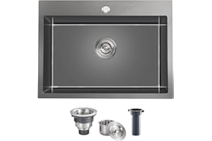 TSIBOMU 24 Inch Drop in Kitchen Sink Black, 24x18 Inch Single Hole Kitchen Sink Topmount 18 Gauge Stainless Steel Single Bowl Kitchen Sink