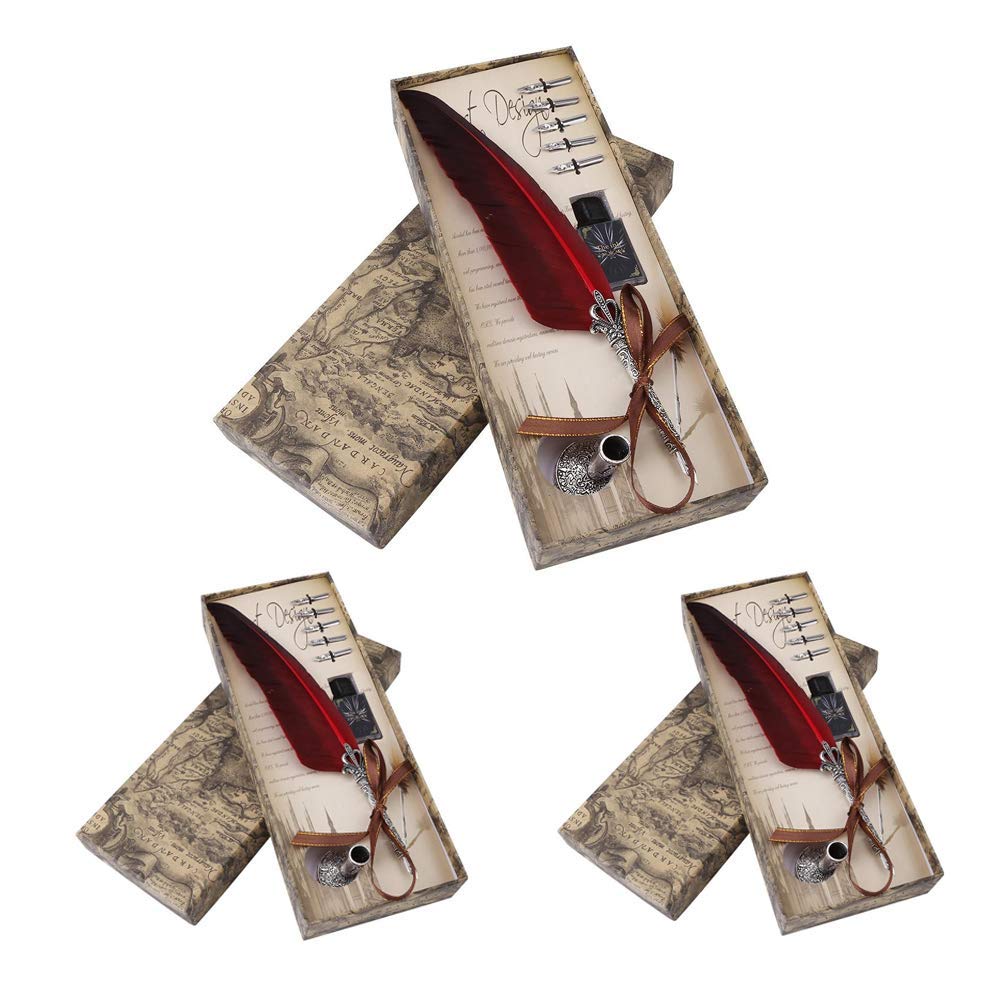 Handmade Dip Pen English Calligraphy Feather Writing Ink Bottle Set with Replacement Nibs & Pen Nib Base for Stationery Gift (Red x3)