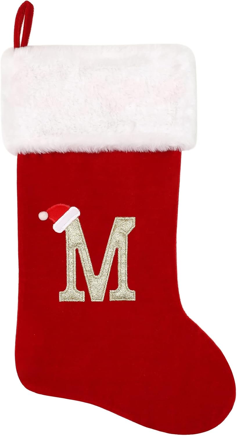 Stockings & Holders - Tokforty 20 Inches Red Velvet with White Super Soft Plush Cuff Monogram Christmas Stockings, Xmas Personalized Embroidered Letter Stockings for Family Holiday Decorations and Xmas Tree Fireplace（M）