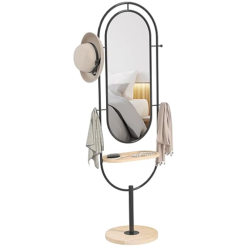 HOMCOM Full Length Mirror, Oval Free Standing Mirror with Wooden Tray, 4 Hooks and Metal Frame for Living Room, Bedroom, Cloakroom, Black
