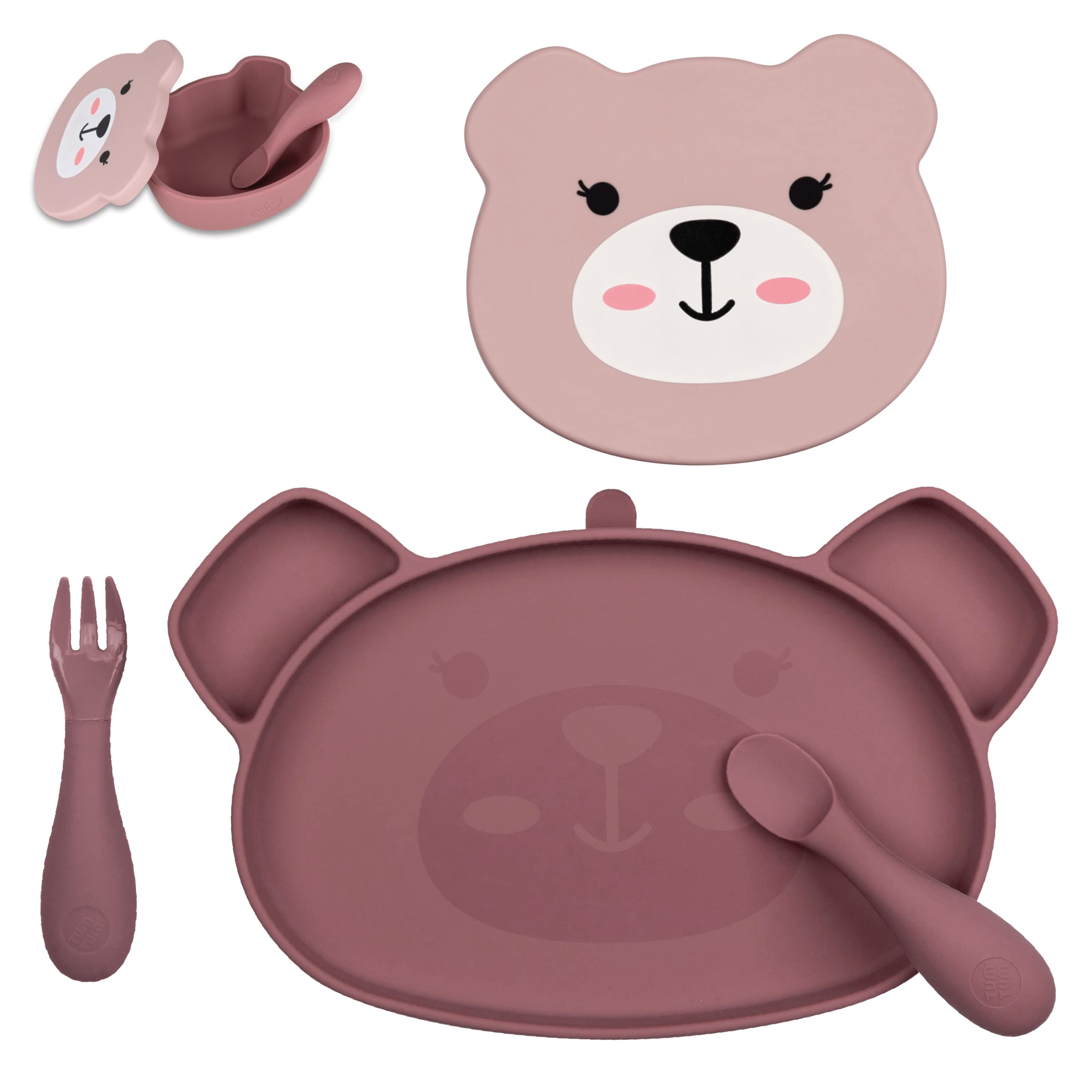 TUM TUM Baby Dinner Set for Weaning - Designed with Feeding Specialist - Includes Silicone Divided Suction Plate, Lidded Bowl and Baby Cutlery - For 6m+ - Dishwasher Safe, BPA Free - Betsy Bear - Pink