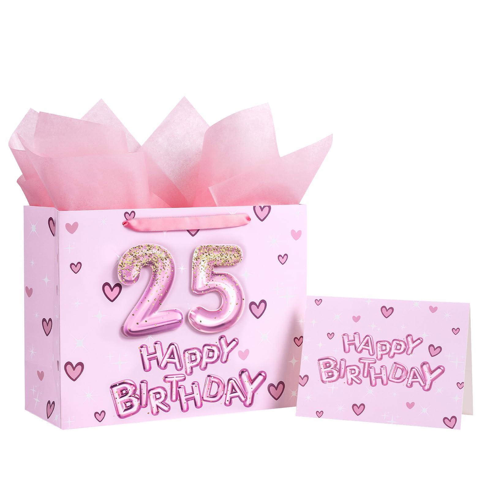 Photo 1 of Loveinside 25th Birthday Gift Bag for Girls, Pink 3D Number 25 Balloons and Hearts Design, Medium Size Bag with Tissue Paper, Tag, Greeting Card, Ideal for Birthday Celebration, 10" x 5" x 13", 1 Pcs