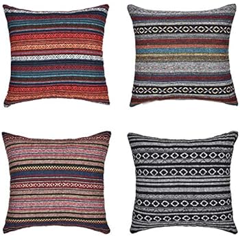 Merrycolor Decorative Throw Pillow Cover for Couch Sofa Bed Set of 4 Bohemian Retro Stripe Cotton Blend Linen Pillow Case 18 x 18 Inch (Only Pillow Cover) (4 Pack)