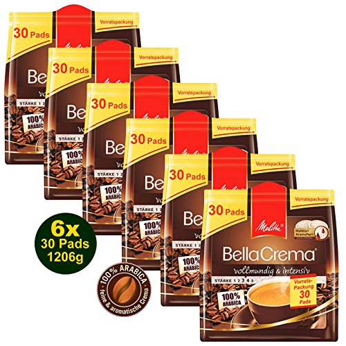Melitta BellaCrema 6x 30 Kaffeepads á 201g, vollmundig & intensiv (1206g) - 100% Arabica