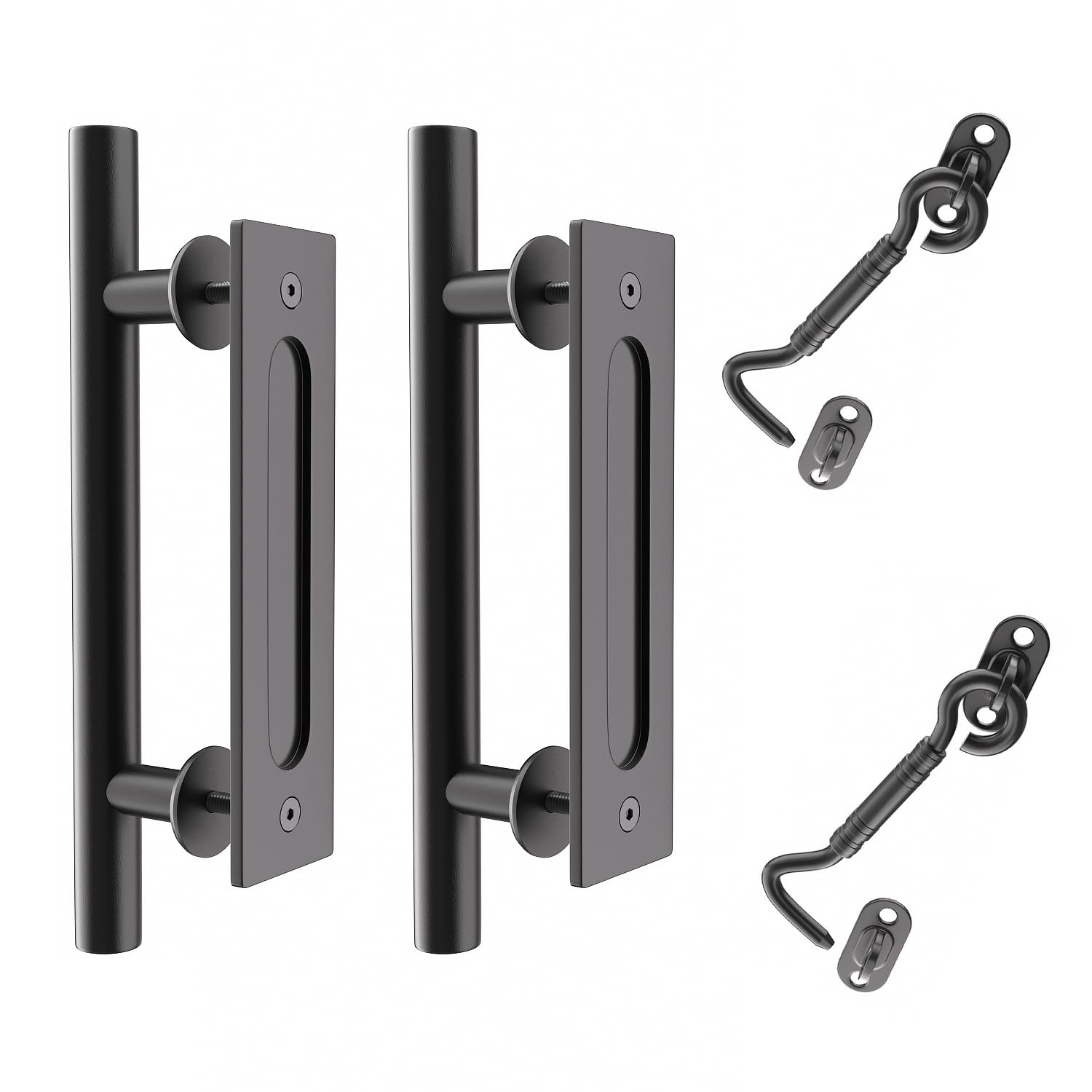 Photo 1 of SANKEYTEW 2 Pack 12" Sliding Barn Door Handle Pulls and Flush Two-Sided Hardware Set with Barn Door Latch Lock, Barn Door Handles Black, Rustic, Protective Coating, Easy to Install