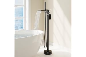 HAWKROWN Freestanding Bathtub Faucet, Floor Mount Bathtub Faucet with 3 Water Outlet Modes, Swivel Waterfall Spout with Hand Shower, Brass Single Handle Tub filler, Max Flow Rate 7.4 GPM