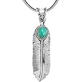 Turquoise Feather Pendant Necklace in Sterling Silver 925 & Genuine Gemstones (20" Length)