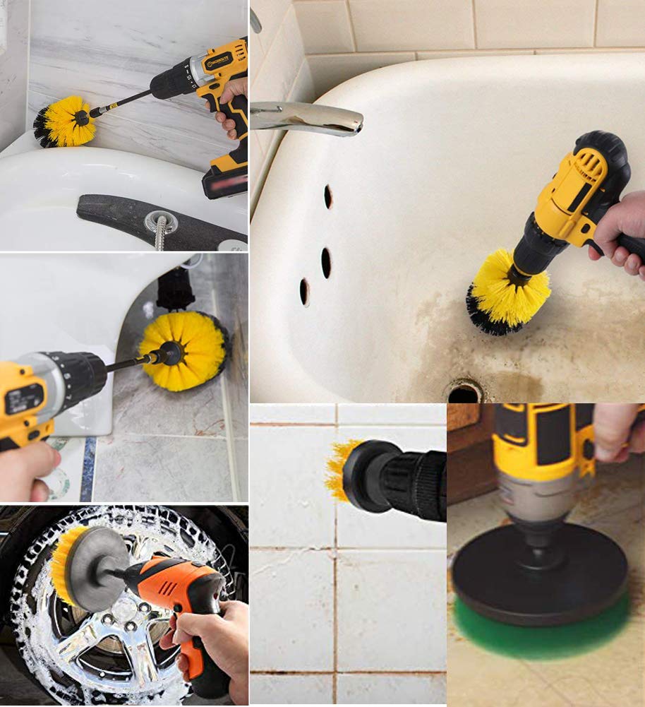 Drill Brush Attachment Set, Yushoo 9Pcs Drill Power Scrubber Pads Cleaning Brushes Kits with 6 Inch Extender Reach Attachment for Grout, Tiles, Sinks, Bathtub, Bathroom, Shower and Kitchen Surface