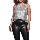 Sparkly Sequin Tops for Women Halter Tank Top Shiny Glitter Club Disco Rock Concert Outfit Sleeveless Dressy Shirt Blouse
