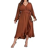 SCOMCHIC Women Plus Size Formal Dresses Fall Long Sleeve Faux Wrap V Neck High Low Ruffle Cocktail Wedding Guest Maxi Dress