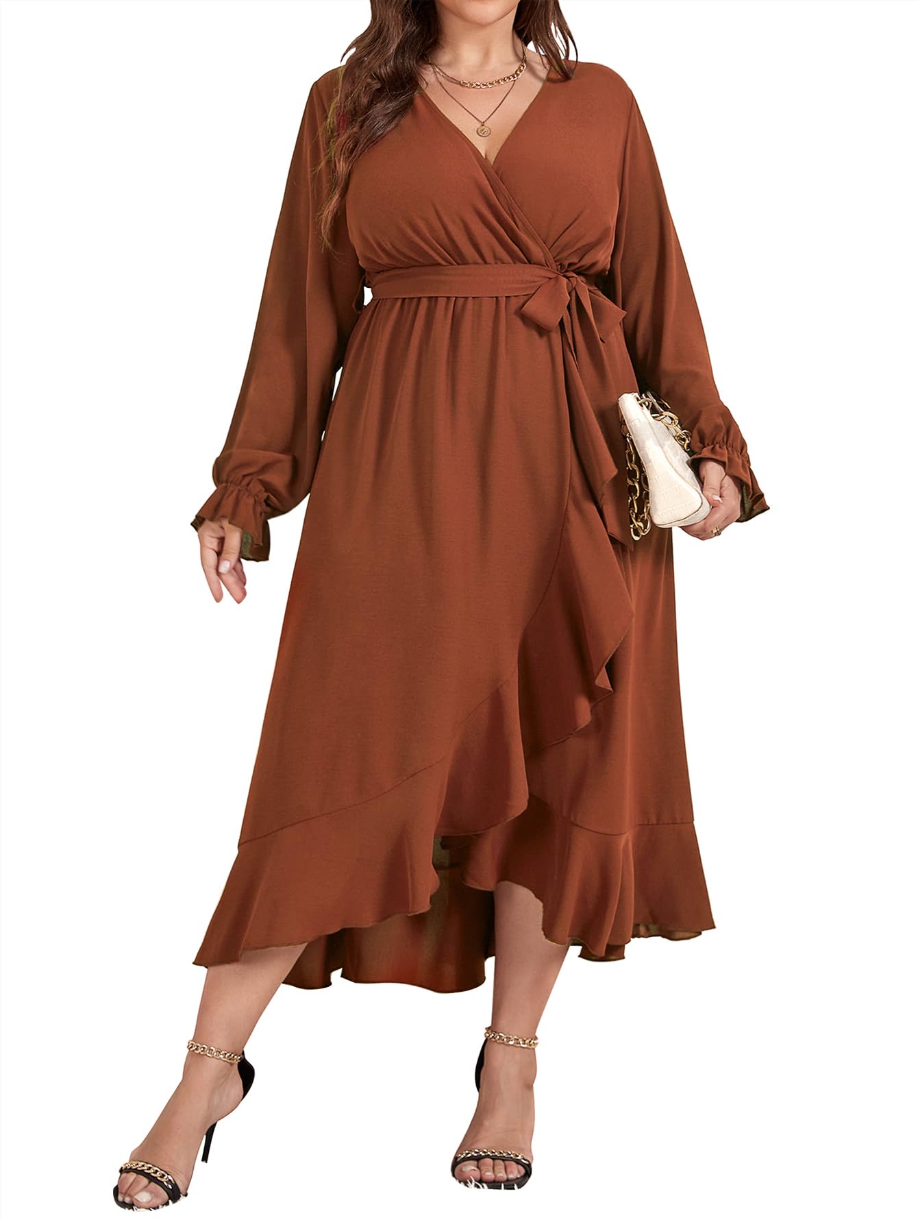 Photo 1 of SCOMCHIC Women Plus Size Wedding Guest Maxi Dress Long Sleeve Wrap V Neck High Low Split Ruffle Cocktail Dress with Belt Rust