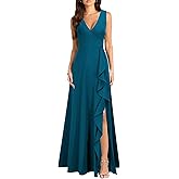MUSHARE Women's V Neck Sexy Split Cocktail Dress with Pockets Ruffle Party Long Formal Dress