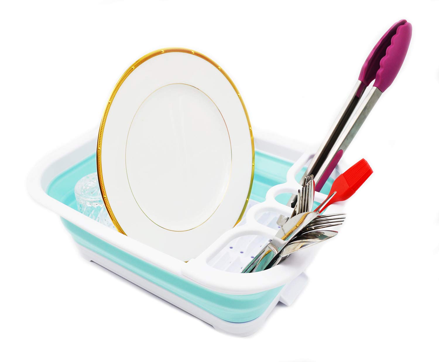 SAMMART Collapsible Plastic Dish Drainer with Drainer Board-Foldable Drying Rack Set-Portable Dinnerware Organizer-Space Saving Kitchen Storage Tray (White/Lake Green)