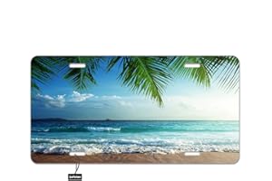 Lefolen Beach Ocean and Palm Leaf Car Front License Plate Tropical Water Sea Green Jungle Tree Summer Nature Decorate License Plates 6" X 12" Tag Novelty Vanity Metal Plate Aluminum