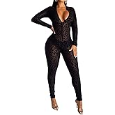 Uni Clau Women See Through Bodycon Jumpsuit - One Piece Deep V Neck Outfits Sheer Mesh Leopard Clubwear Jumpsuit Rompers
