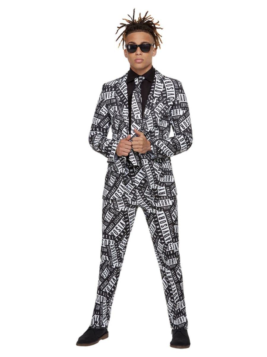 Smiffys Parental Advisory Stand Out Suit, Black & White with Jacket, Trousers & Tie, Officially Licensed Parental Advisory Fancy Dress, Adult Dress Up Costumes
