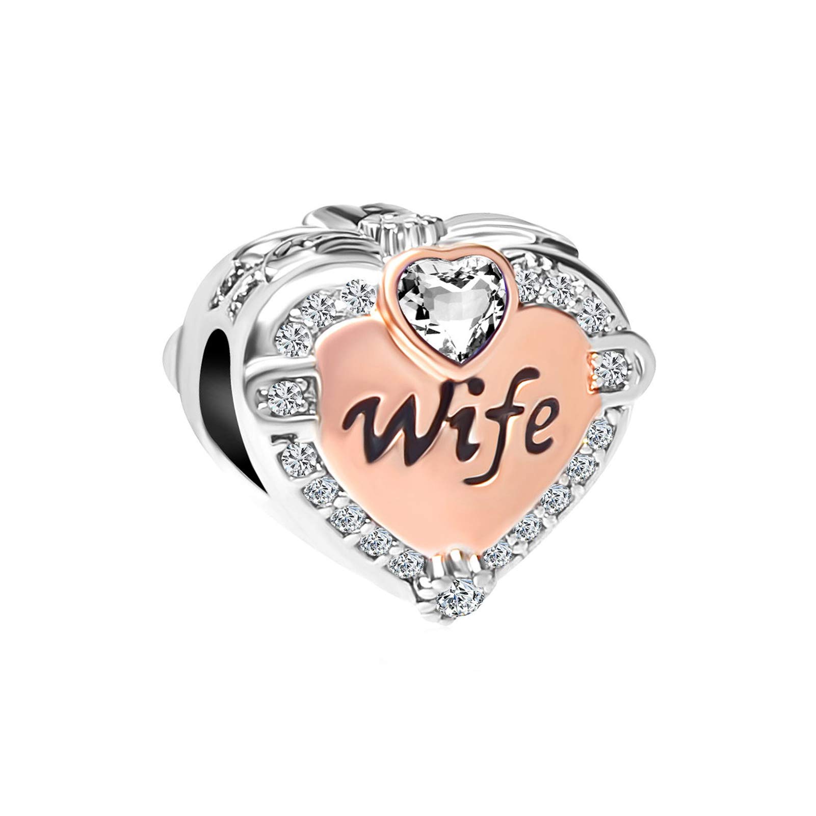 Wife Rose Gold Love Heart Charm fits Pandora Bracelets Christmas Birthday Jewellery Gift for Women Husband Anniversary Clear Cubic Zirconia