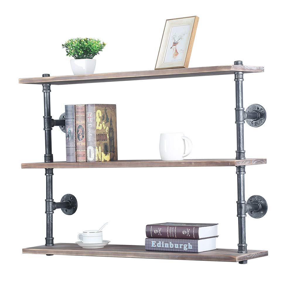 Industrial Pipe Shelf Wall Mounted,Steampunk Real Wood Book Shelves,3