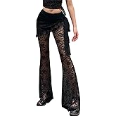 Inpunktoo Y2k Lace Bell Bottom Pants for Woman Ruffle Sheer Mesh Flared Cute Funky Scene Romantic Goth High Waisted
