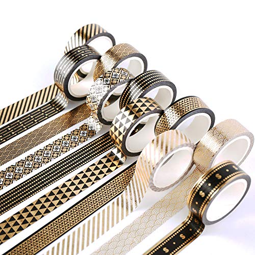 Yubbaex 10 Rolls Washi Tape Set Black Gold Foil Print Decorative Tapes for Arts, DIY Crafts, Bullet Journals, Planners, Scrapbook, Wrapping (15mm) - Thumbnail 7