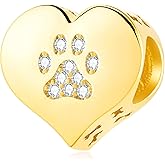 Yellow Gold Plated Dog Paw Print on My Heart Charms, fit Pandora Animal Pet Bracelet, Puppy Cat Pawprint CZ Beads, Gift for Mom/Best Friends/Mothers Day
