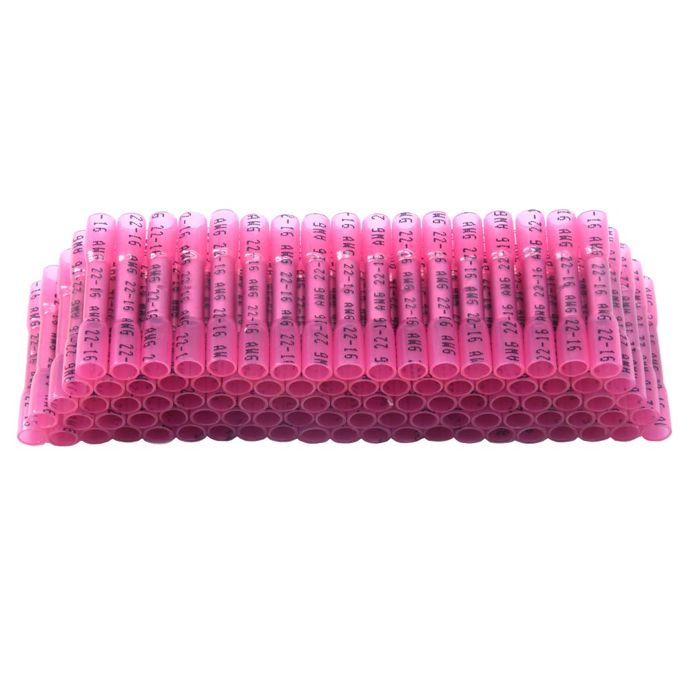 Yosawo 100-Pieces Heat Shrink Butt Connectors,Waterproof Insulated Wire Connectors,Marine Automotive Crimp Terminal Connector,Hot Melt Adhesive Butt Splice DIY Kit 16-22 AWG Red