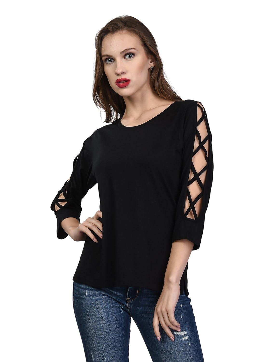 kalt women's round neck 3/4th sleeves cotton blend top/t-shirt (tw12)