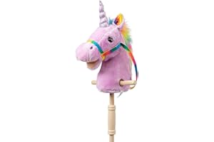 HollyHOME Unicorn Stick Horse Handcrafted Hobby Horse on a Stick with Wood Wheels Real Pony Neighing and Galloping Sounds Plush Unicorn Toy Purple 36 Inches(AA Batteries Required)