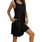 Ekouaer Women Nightgown with Pockets Sleep Shirts Sleeveless Sleepwear Pleated Front Nightshirt Round Neck Nightdress
